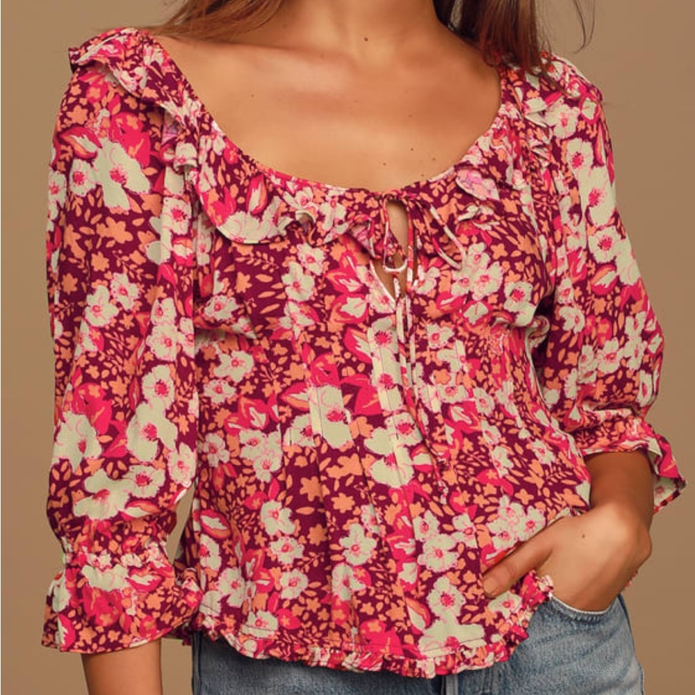 Free People Sweet Memories Pink Multi Floral Print Ruffled Puff Sleeve Top